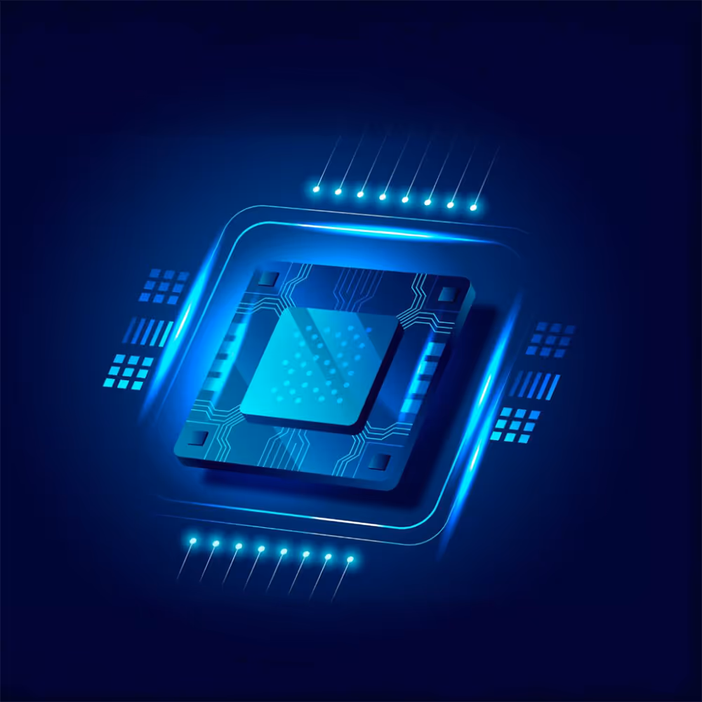 Illustration of a glowing blue microchip with circuit lines on a dark background.