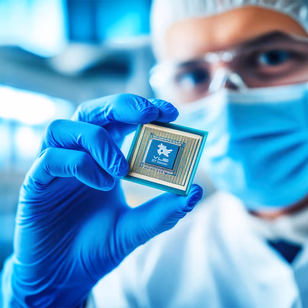 Scientist wearing blue gloves and protective gear holding a microchip labeled 'VLSI IIT Jammu'.