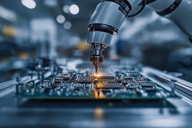 Robotic arm soldering components on a circuit board in a high-tech manufacturing environment.