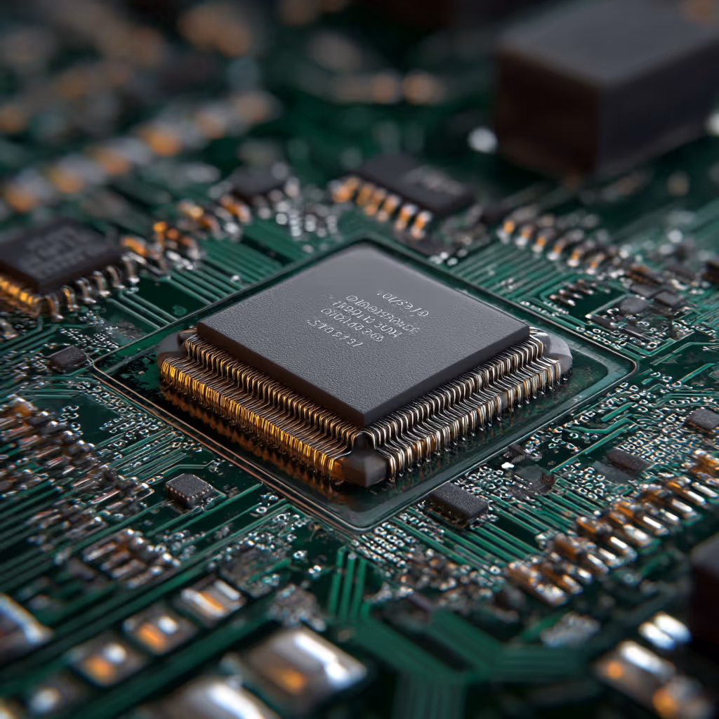 Close-up of a computer microchip mounted on a green circuit board with various electronic components.