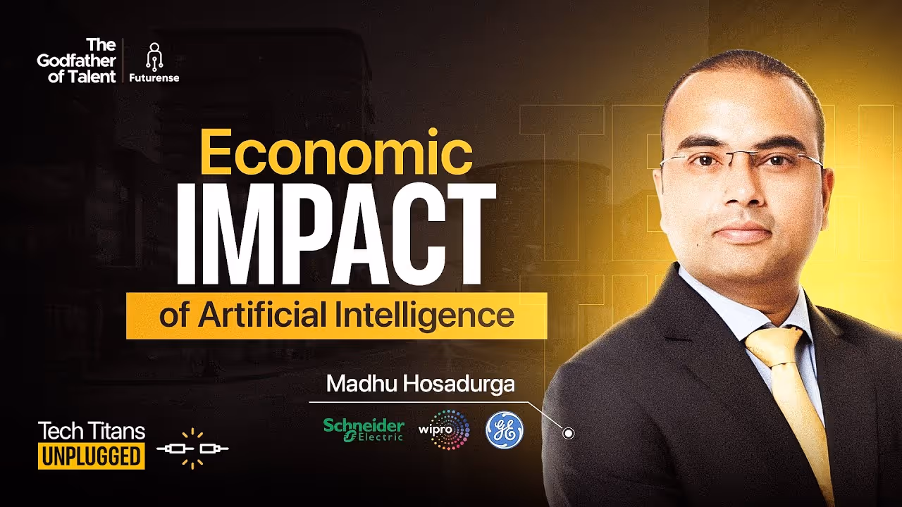 Portrait of Madhu Hosadurga in a suit and yellow tie with text about the economic impact of artificial intelligence and logos of Schneider Electric, Wipro, and GE.