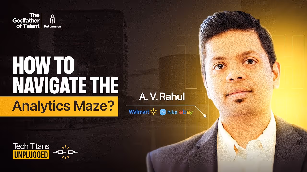 Portrait of A. V. Rahul next to text 'How to navigate the Analytics Maze?' with logos of Walmart, Hike, and eBay.