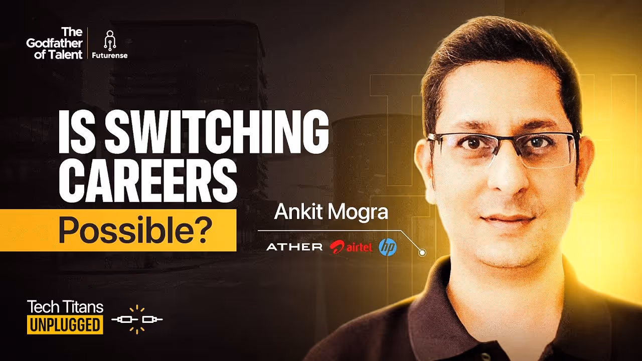 Promotional banner with a man wearing glasses and text asking 'Is switching careers possible?' featuring Ankit Mogra and logos of Ather, Airtel, and HP.