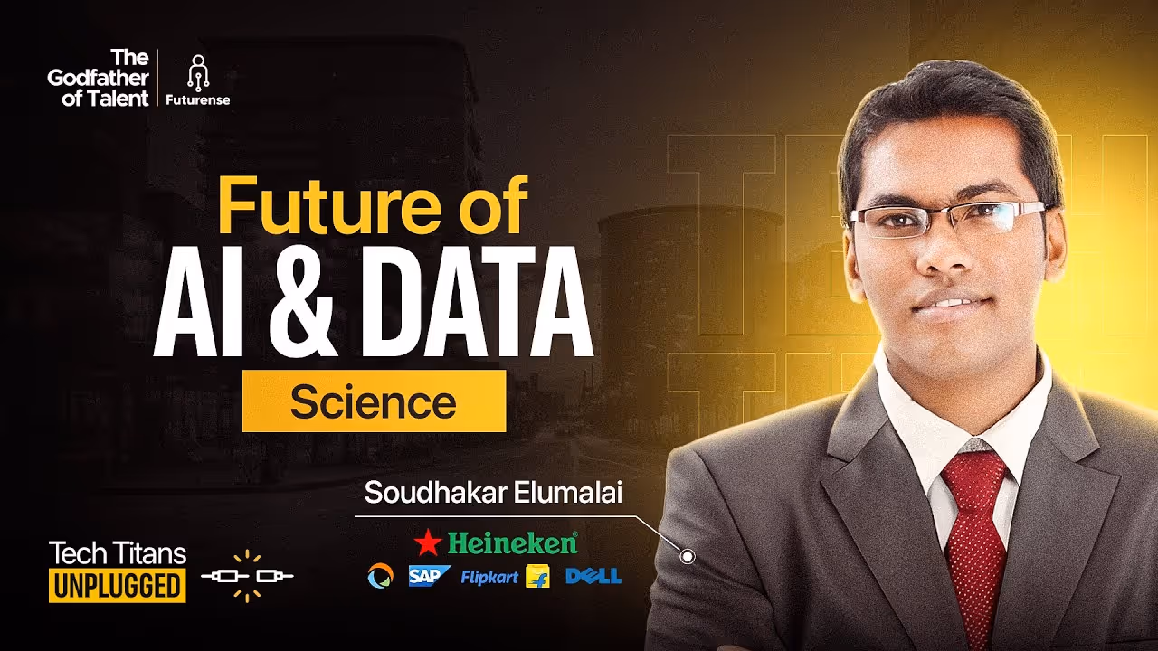 Portrait of Soudhakar Elumalai in a suit and red tie on a yellow and black background with text about the future of AI and data science and logos of Heineken, SAP, Flipkart, and Dell.