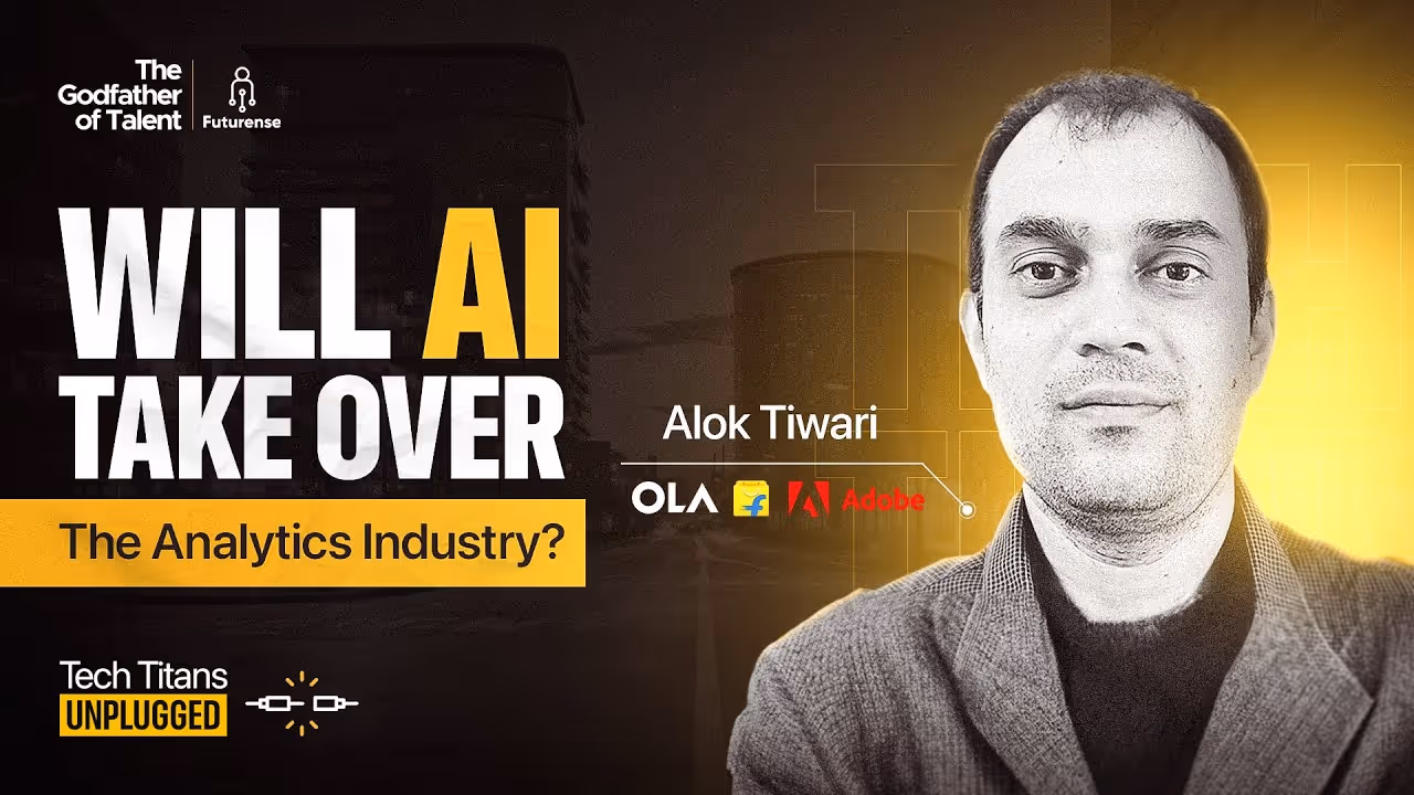 Promotional banner featuring Alok Tiwari with text asking if AI will take over the analytics industry, mentioning Ola and Adobe logos.