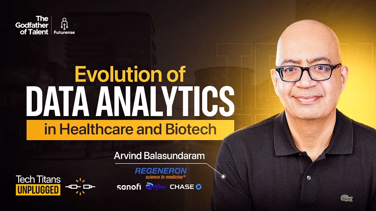 Portrait of Arvind Balasundaram with text about the evolution of data analytics in healthcare and biotech, featuring logos from Regeneron, Sanofi, Pfizer, and Chase.