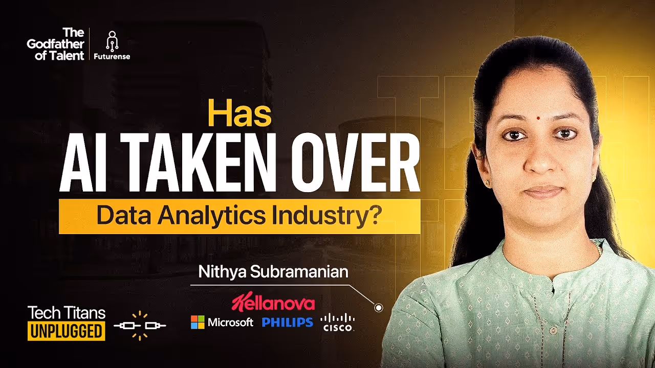 Promotional banner featuring Nithya Subramanian, titled 'Has AI Taken Over Data Analytics Industry?' with logos of Kellanova, Microsoft, Philips, and Cisco.