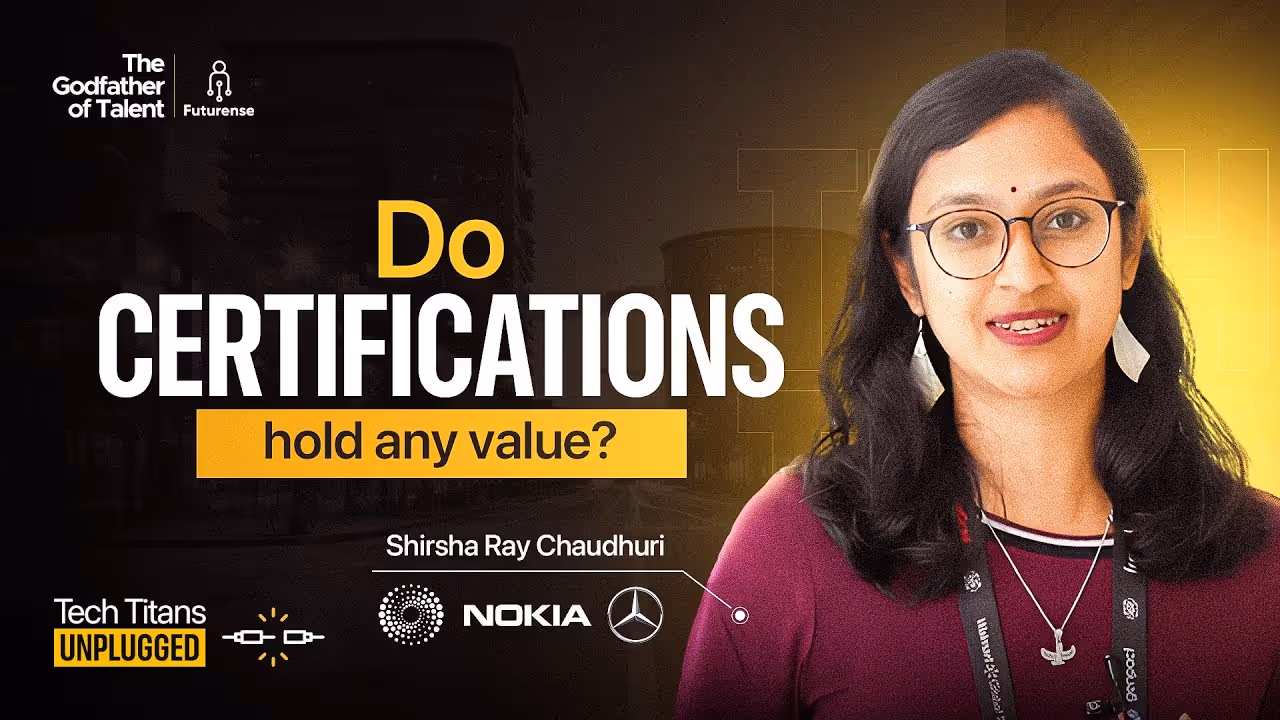 Shirsha Ray Chaudhuri with glasses and earrings featured in a tech discussion titled 'Do Certifications hold any value?' by The Godfather of Talent Futurense, with Nokia and Mercedes logos shown.