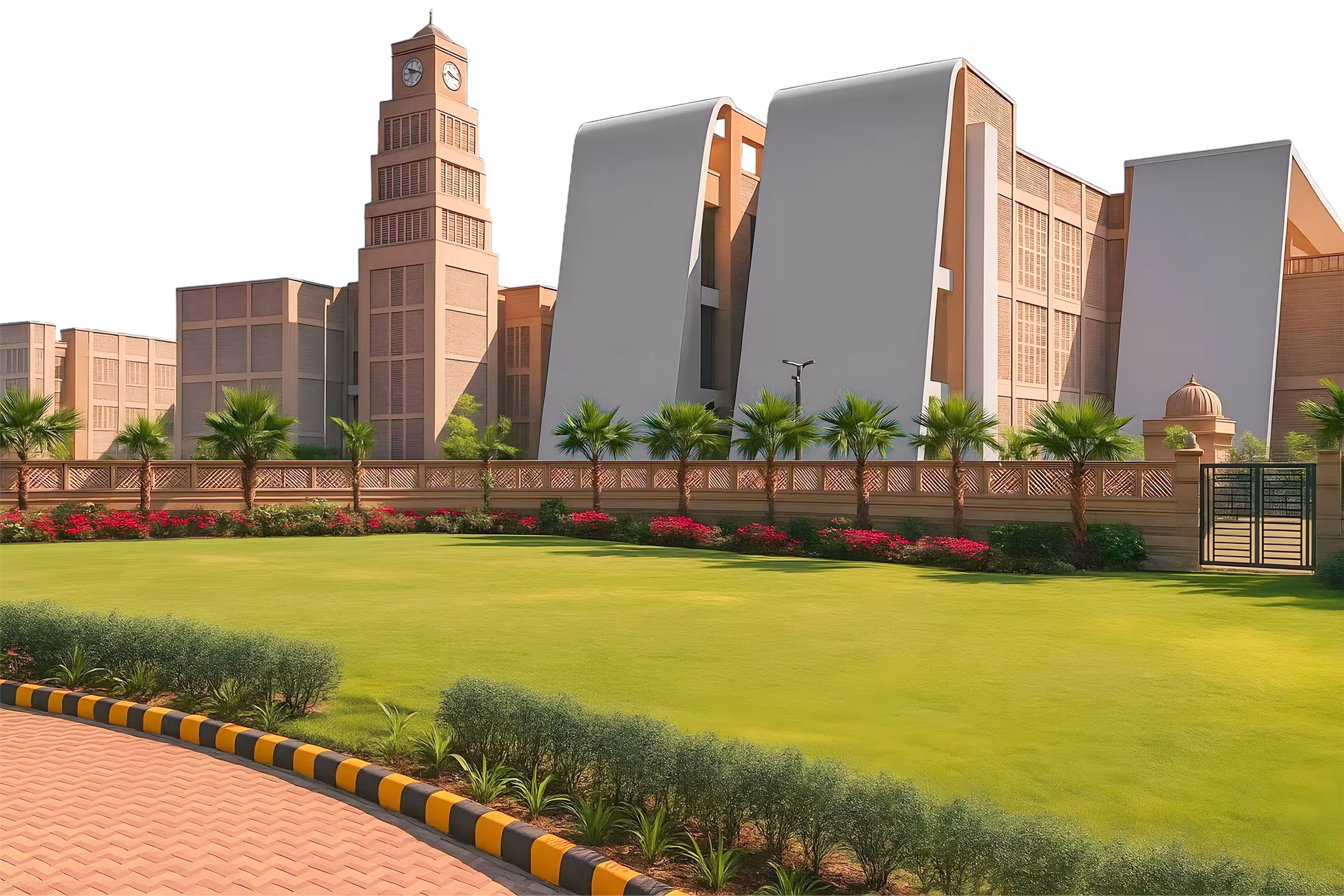 Modern institutional building with a clock tower, curved concrete structures, palm trees, flower beds, and a well-maintained lawn.