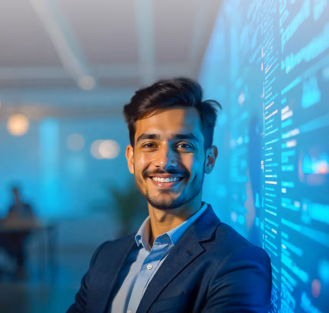 Smiling man in a suit standing next to a wall with digital blue data projections.