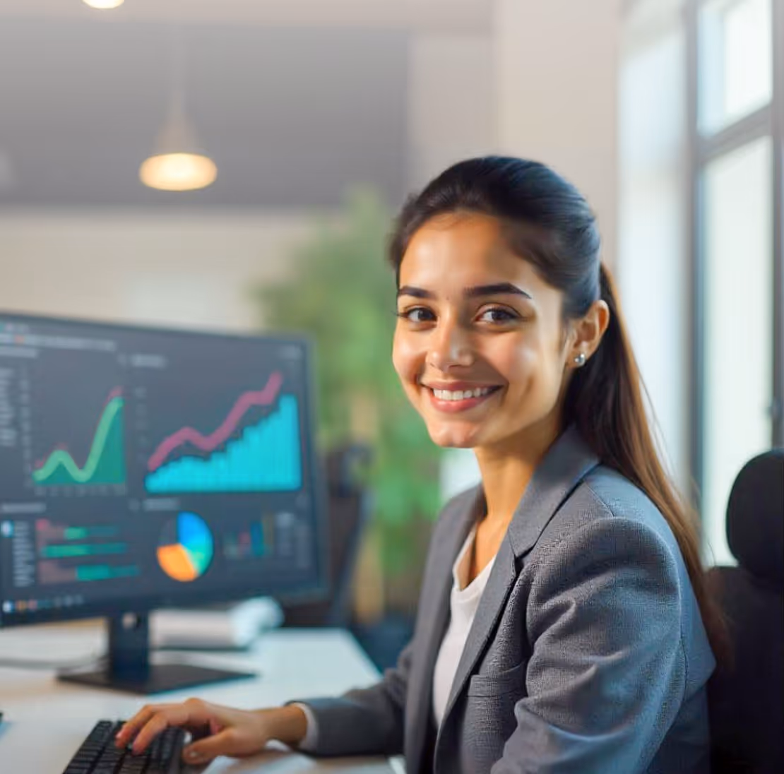 Smiling woman in gray blazer sitting at desk with computer screens displaying colorful graphs and charts.