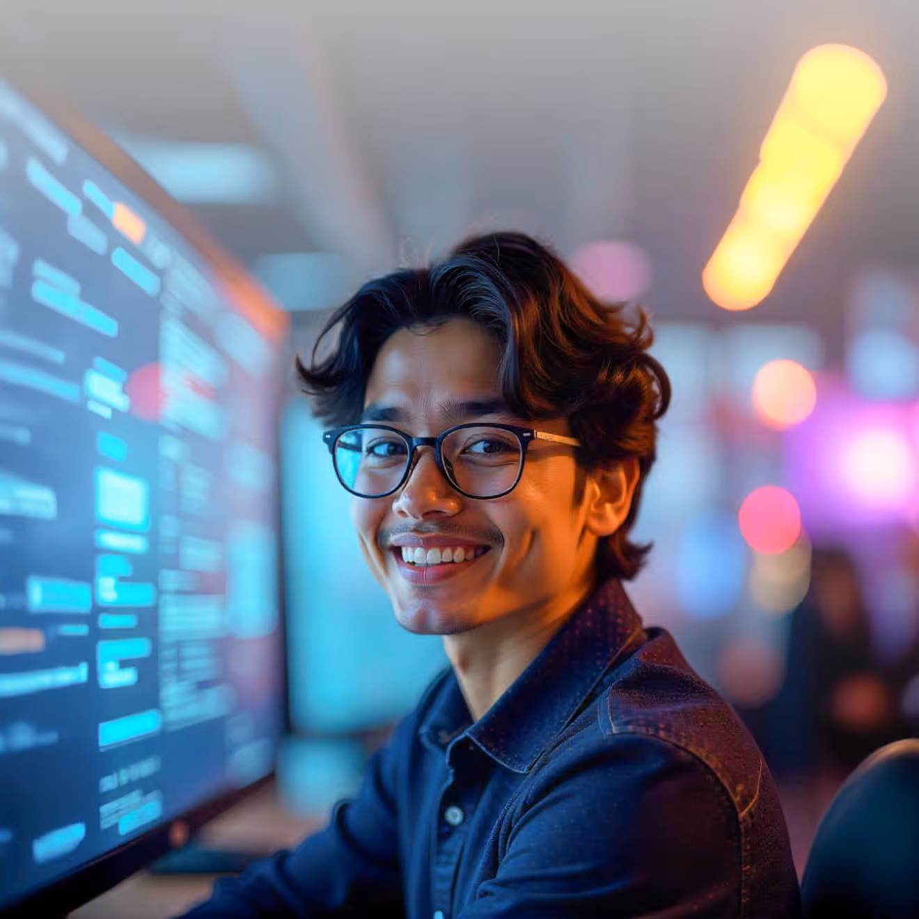 Young man wearing glasses smiling while looking at computer screens with coding in a dimly lit room.