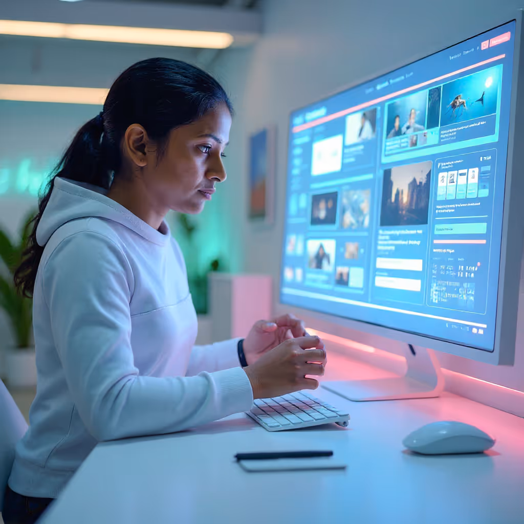 Woman in a white hoodie focused on working at a computer with a large monitor displaying various content in a modern office setting.