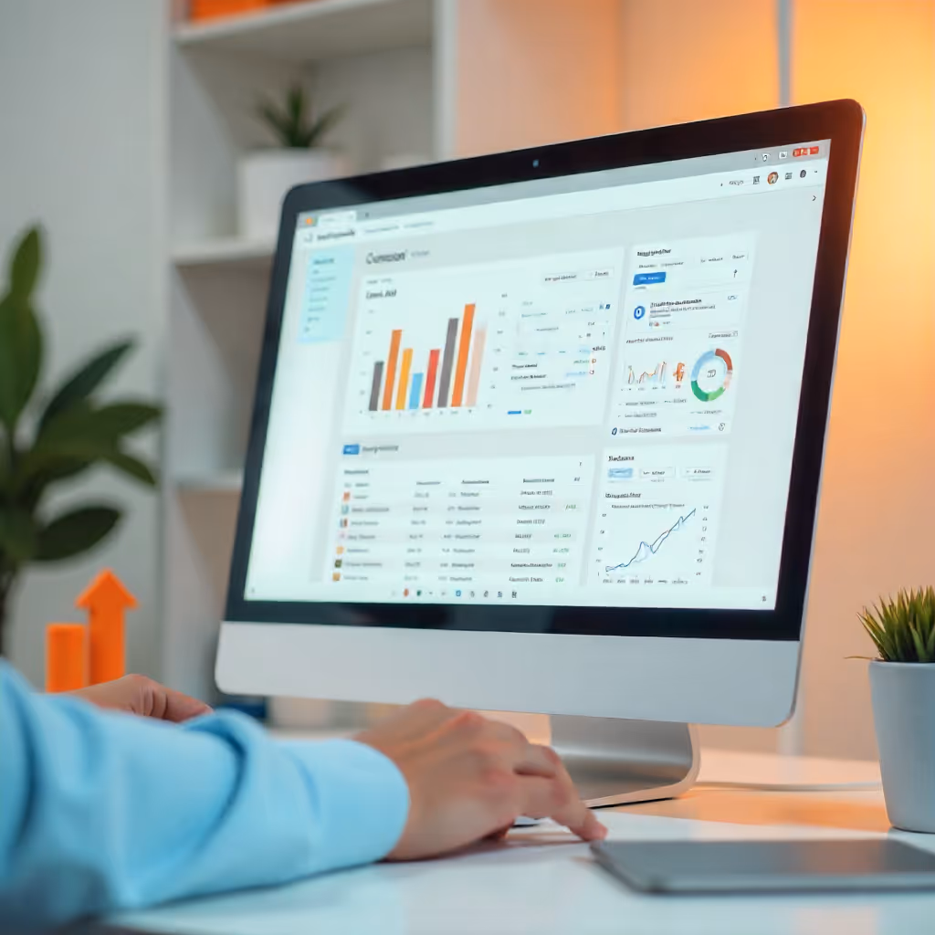 Person using a desktop computer displaying SEO and optimization data with graphs and charts on the screen.