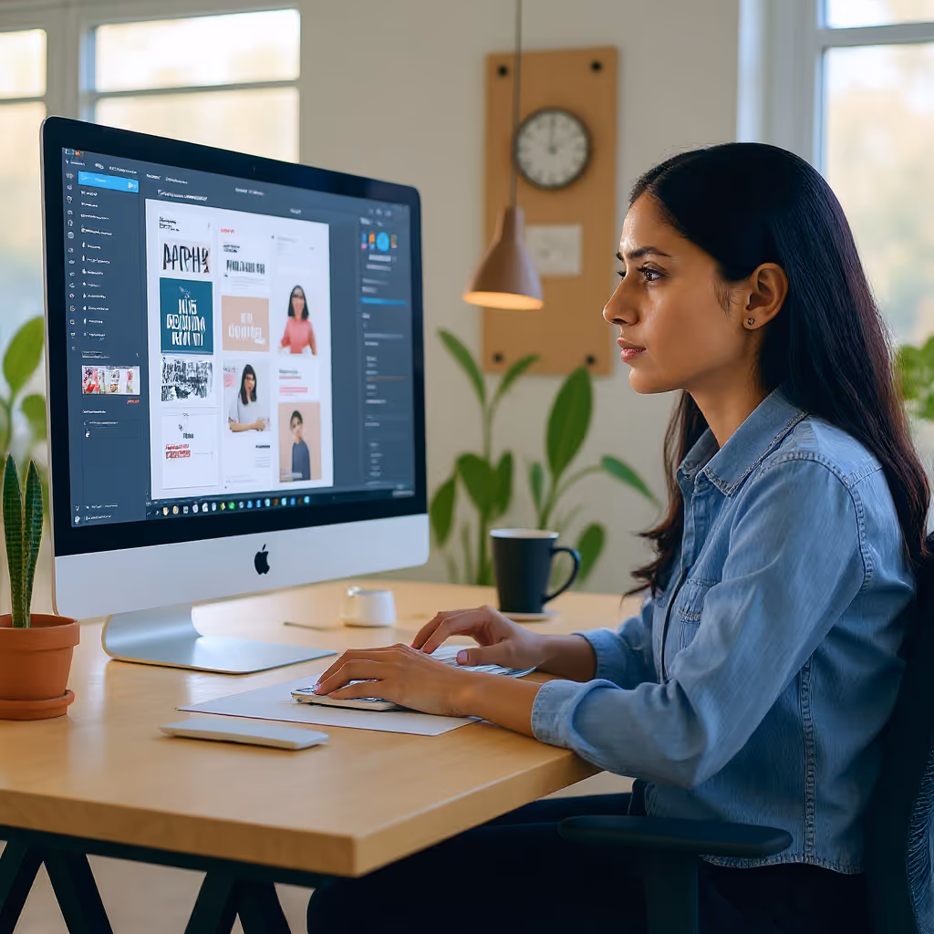 Woman working on a design project using an iMac computer in a bright office with plants and a clock on the wall.