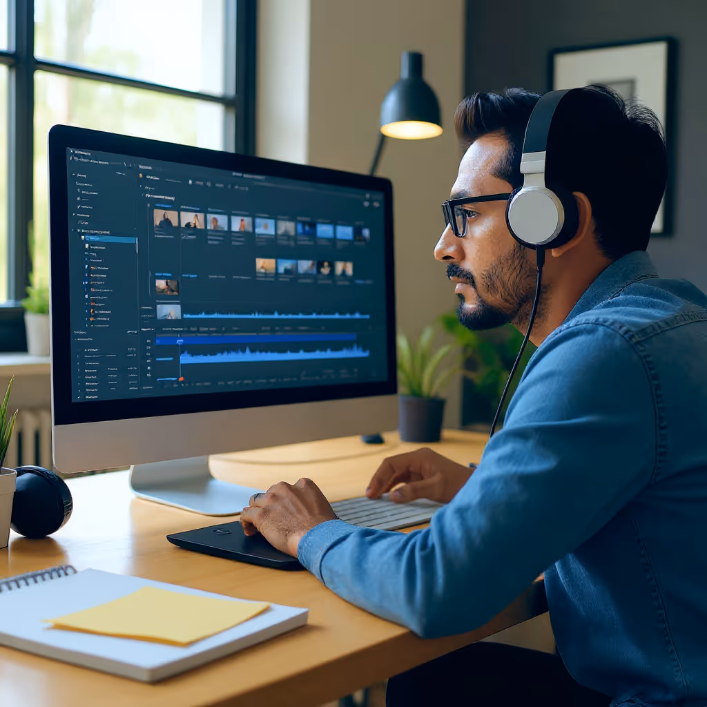 Man wearing headphones and glasses editing video clips on a desktop computer in a well-lit room.