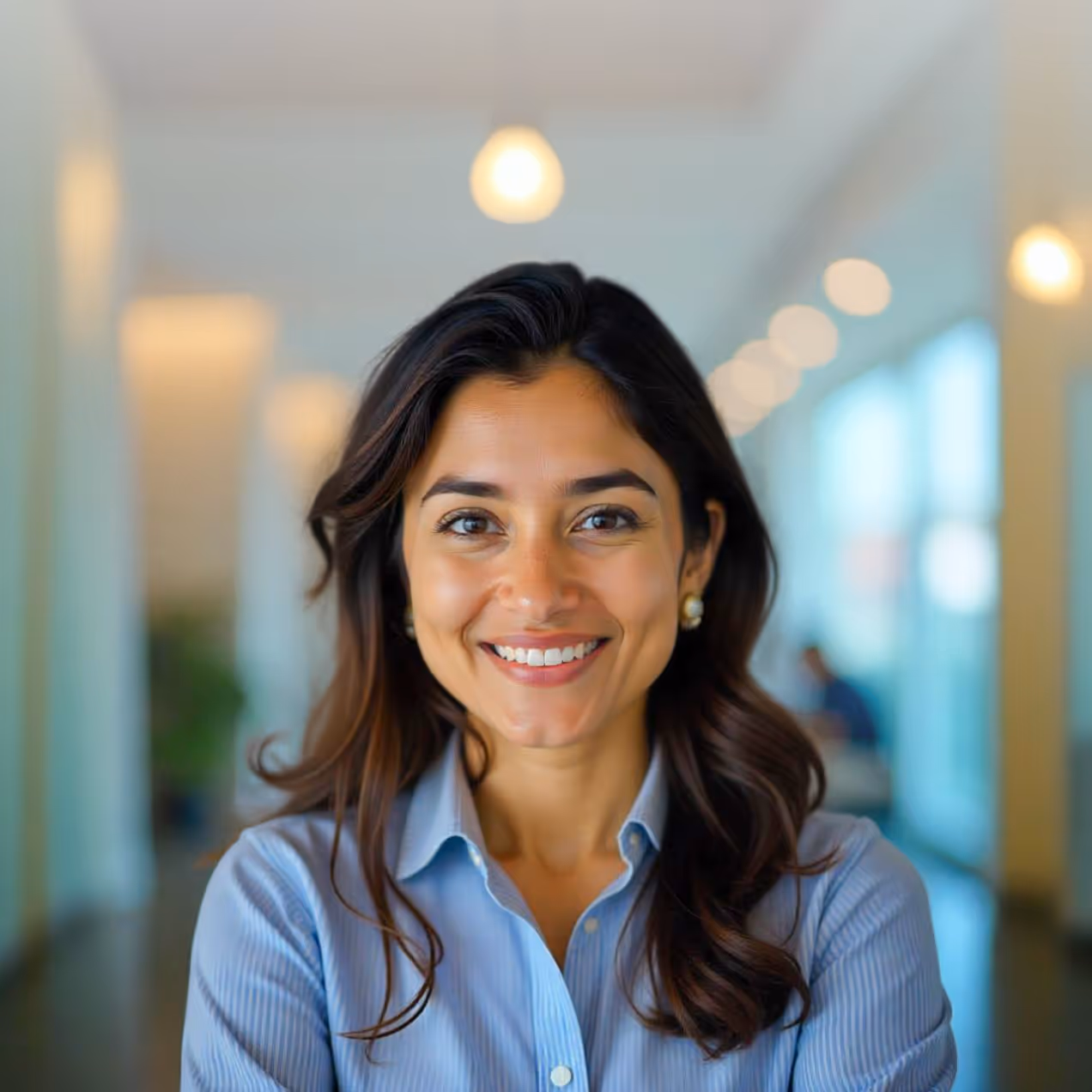 Smiling woman with long brown hair wearing a blue button-up shirt in a bright office corridor.