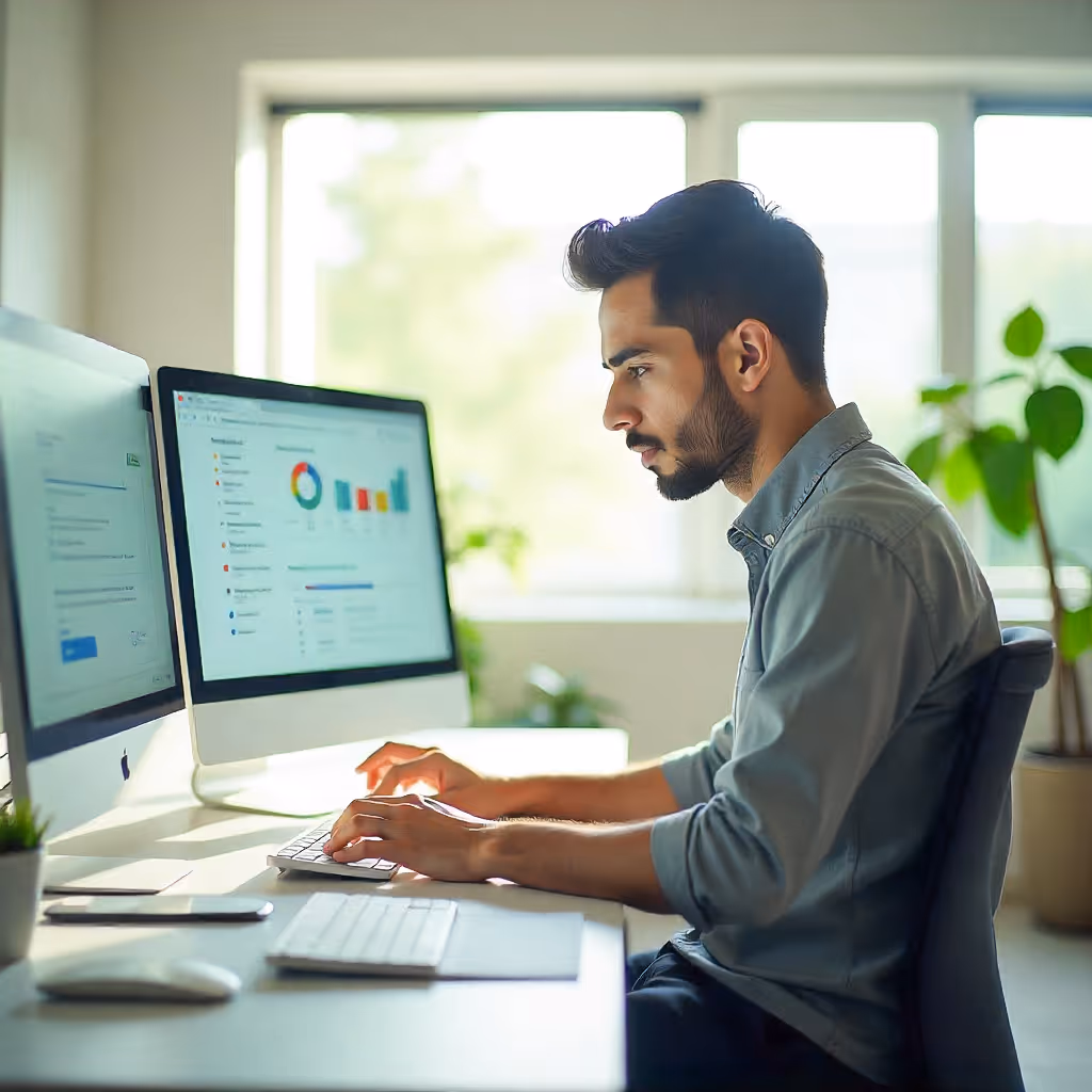 Man in a gray shirt working on a computer with dual monitors displaying colorful charts and graphs in a bright office.