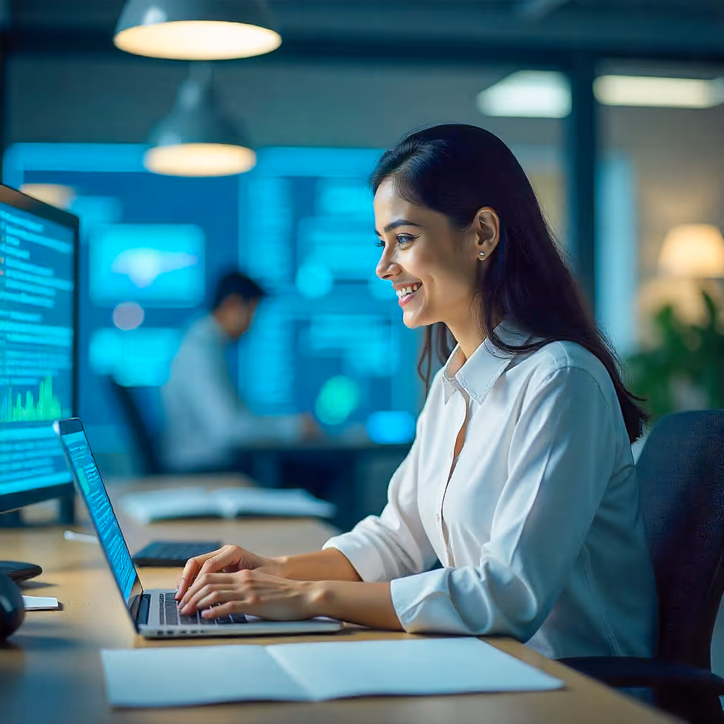 Smiling woman in white shirt typing on a laptop in a modern office with digital data screens in the background.