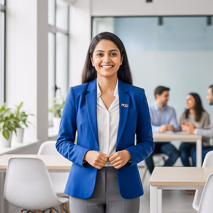 Smiling professional woman in blue blazer standing in a modern office with colleagues conversing in the background.