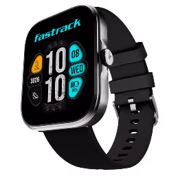 Smartwatch with black strap displaying time, date, step count, and fitness icons on screen.