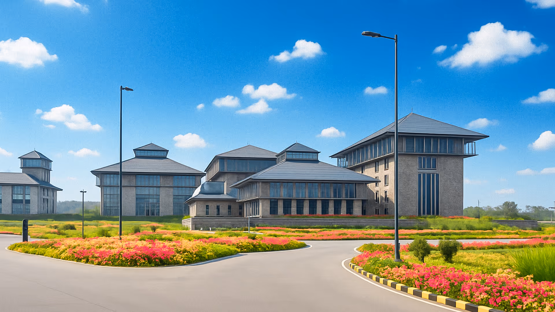 Modern campus buildings with sloped gray roofs surrounded by landscaped flower beds and clear blue sky.