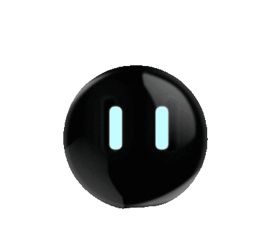 Black glossy sphere with two vertical, light blue glowing bars resembling a pause symbol.