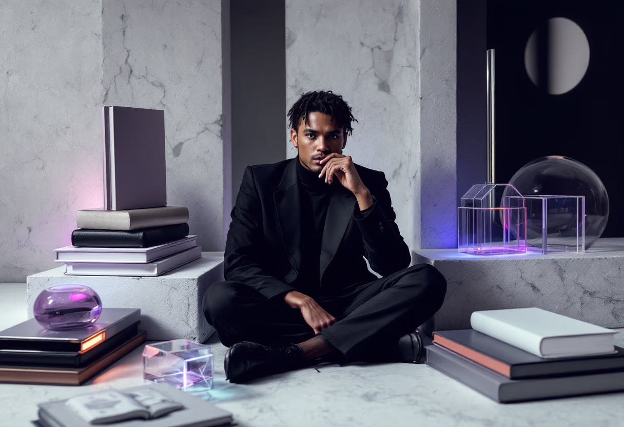 image of author with book collection